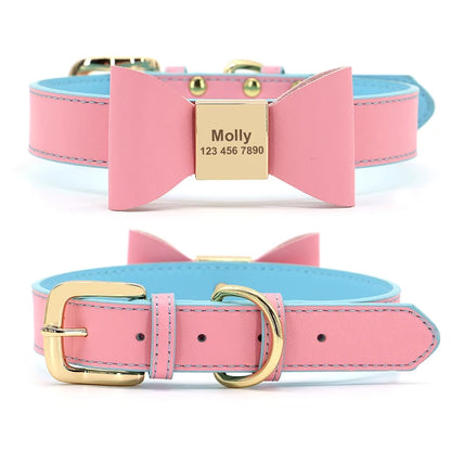 Personalized Dog Name Collar Soft PU Leather Puppy Cat Bowknot Necklace Anti-lost ID Collars for Small Medium Large Dogs Cats