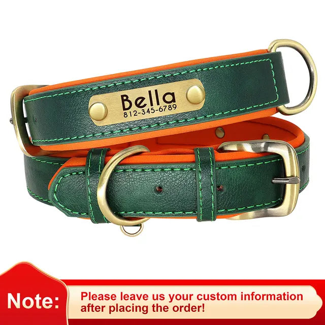 Customized Leather ID Nameplate Dog Collar Soft Padded Dogs Collars Free Engraving Name for Small Medium Large Dogs Adjustable