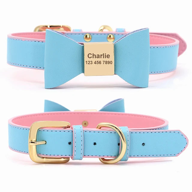 Personalized Dog Name Collar Soft PU Leather Puppy Cat Bowknot Necklace Anti-lost ID Collars for Small Medium Large Dogs Cats