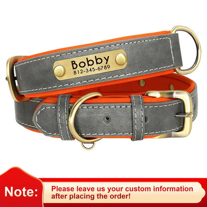 Customized Leather ID Nameplate Dog Collar Soft Padded Dogs Collars Free Engraving Name for Small Medium Large Dogs Adjustable