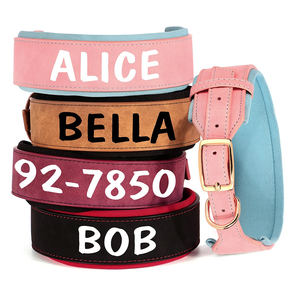 Personalized PU Leather Dog Collar Necklace Wide Padded Pet ID Collars Free Print Dogs Name Collars for Small Medium Large Dogs