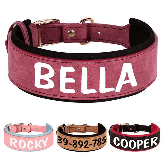 Personalized PU Leather Dog Collar Necklace Wide Padded Pet ID Collars Free Print Dogs Name Collars for Small Medium Large Dogs